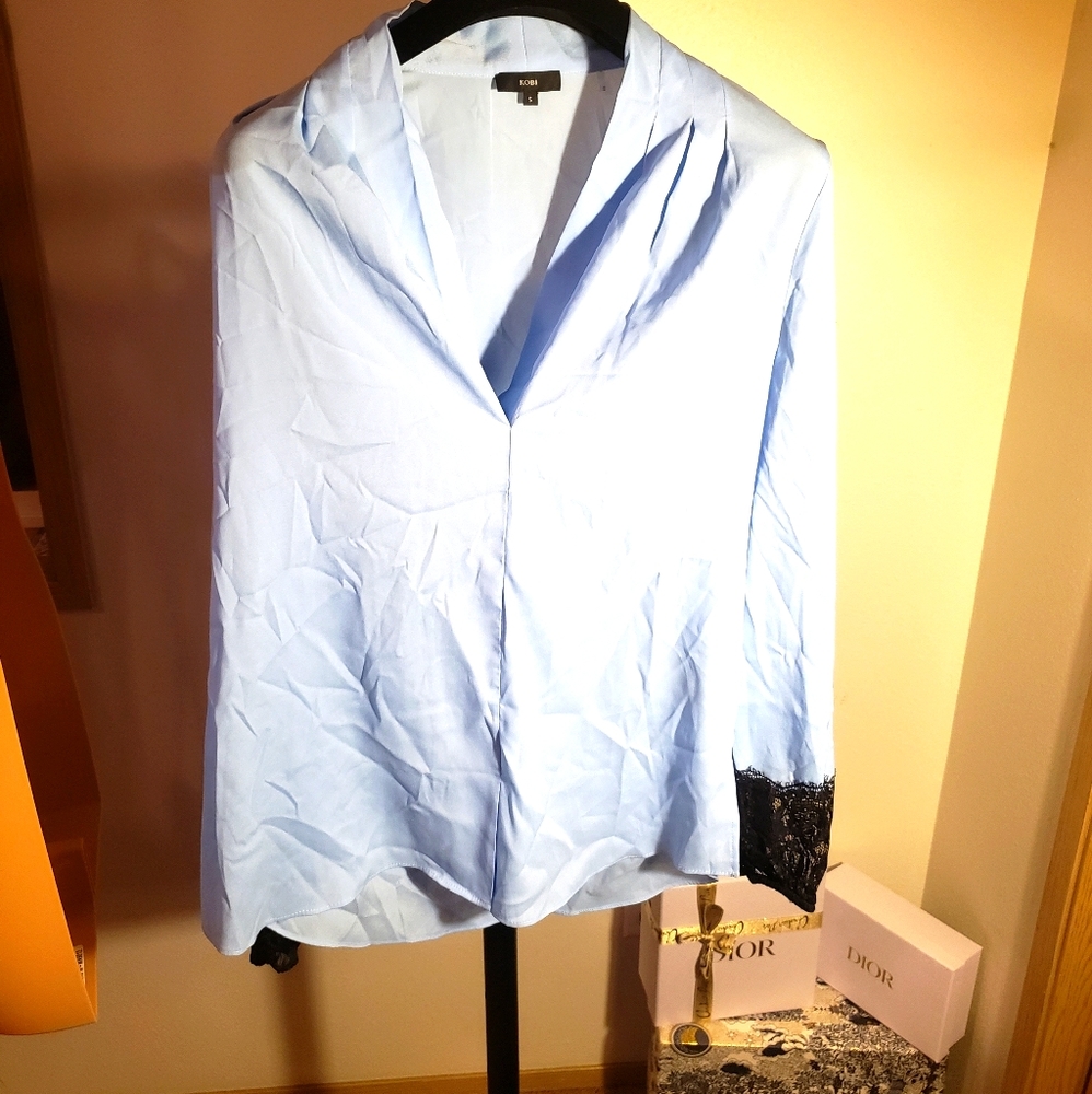 Kobi blue with black lace button down